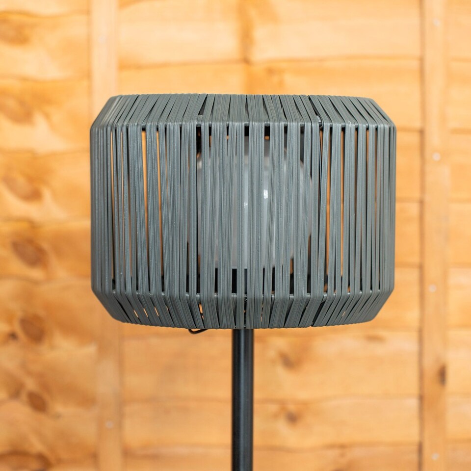 image 1 of ValueLights Solar Powered Outdoor Grey Rattan Garden Floor Lamp with Drum Shade | Grey