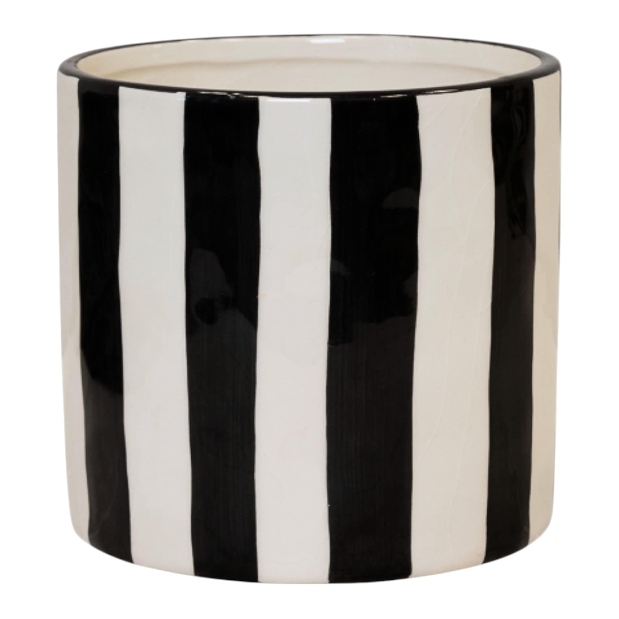 Four Candle Black & White Striped Ceramic Plant Pot - Gloss Finish Planter 17cm