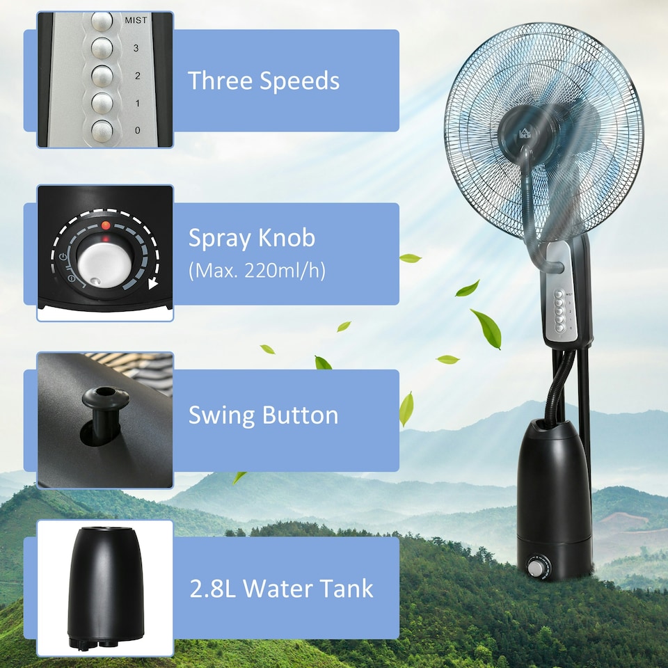 image 1 of HOMCOM 18" Pedestal Fan with Water Mist Spray, Misting Fan, 2.8L Tank Black