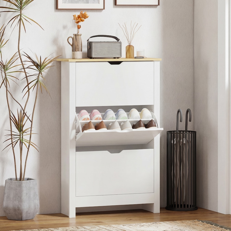 image 1 of HOMCOM 18-Shoe Storage Cabinet 6 Shelves 3 Drawers Tabletop 4 Legs Modern White