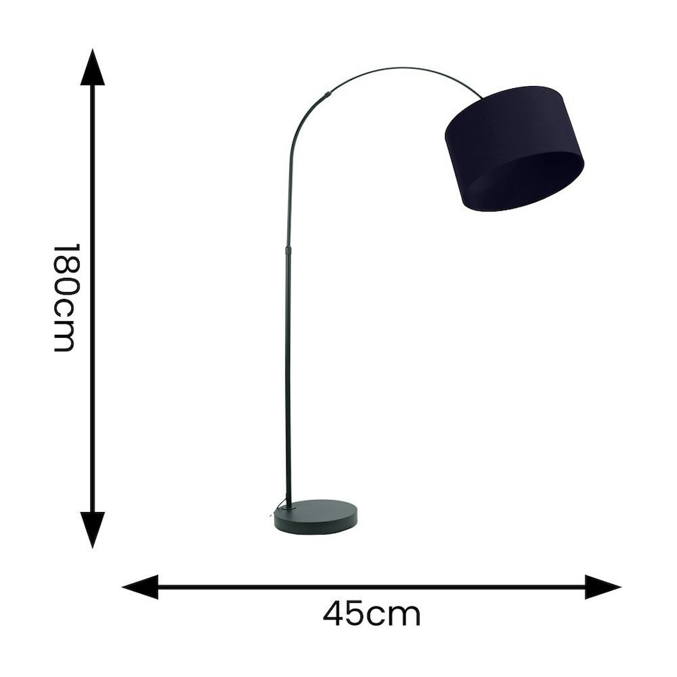 image 1 of ValueLights Louis Black Arched Curved Floor Lamp with Navy Blue Fabric Drum Lamp Shade