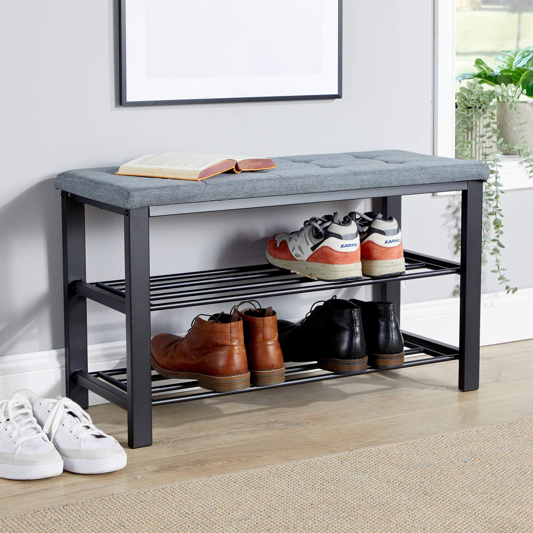 Metal Shoe Bench with Storage Shelfs For Entryway Hallway Seating | Grey