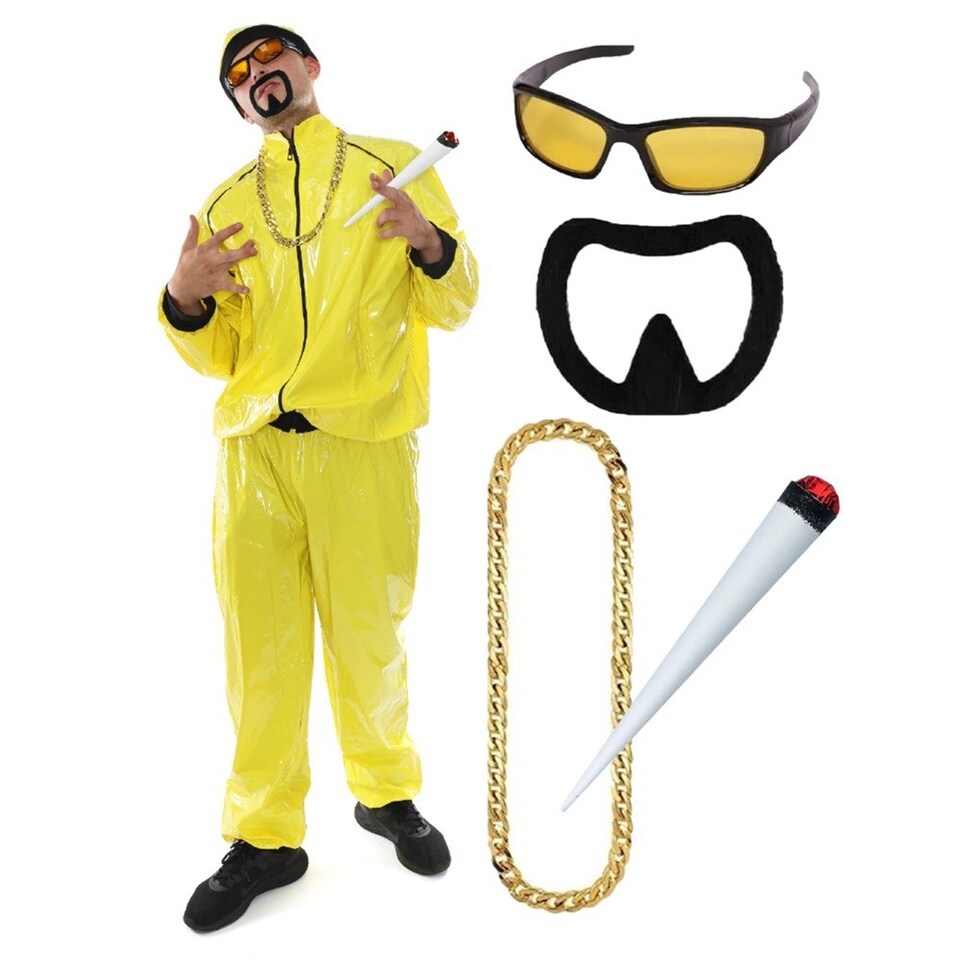 image 1 of 90's Rapper Costume - Hat, Glasses, Goatee, Chain & Spliff Yellow | XL