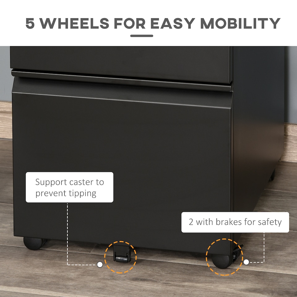 image 1 of Vinsetto 3-Drawer Filing Cabinet, Mobile Metal File Cabinet with Lock and 5 Wheels for A4 Legal Letter Sized Hanging File Folders, Under Desk Drawers, Pre-Assembled Body, 39 x 48 x 60 cm, Black