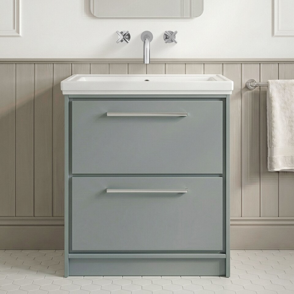 image 1 of Balterley Modern Floor Standing 2-Drawer Bathroom Vanity with Fireclay Basin | Grey | Monument Grey | 1