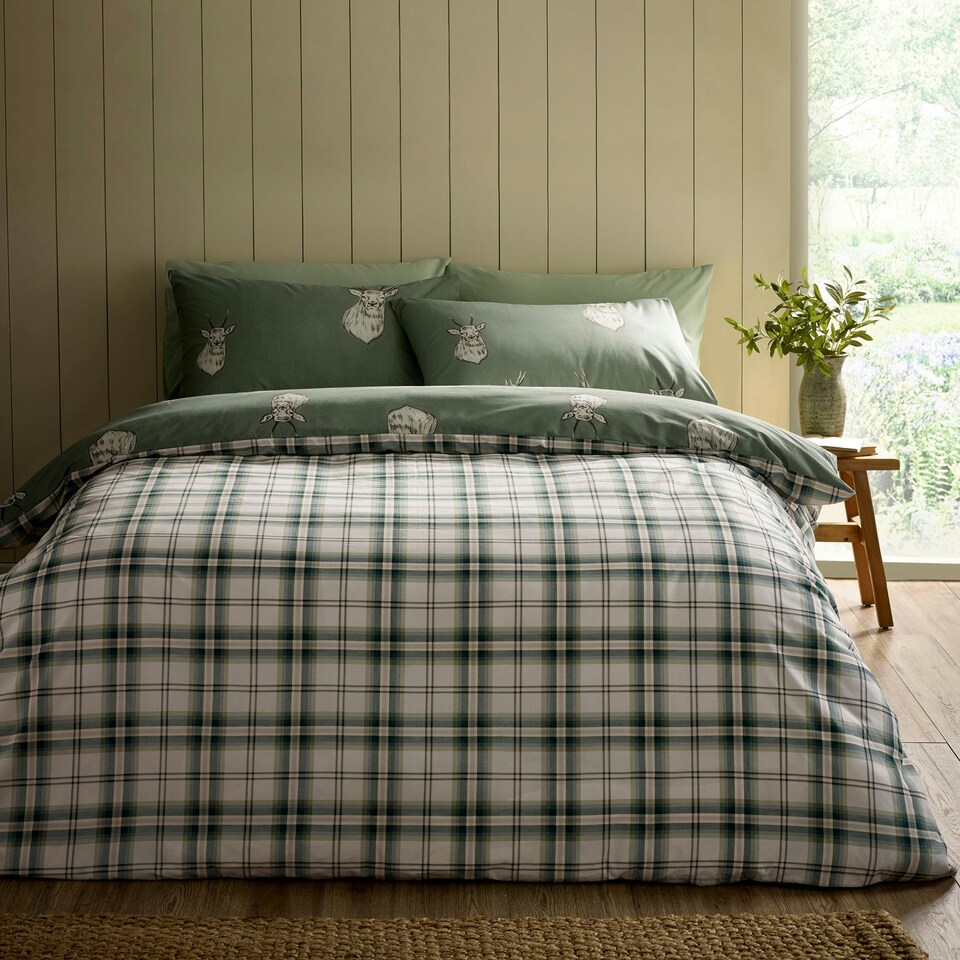 image 1 of Catherine Lansfield Stag Check Reversible Duvet Cover Set Soft Green Green | Soft Green | Double