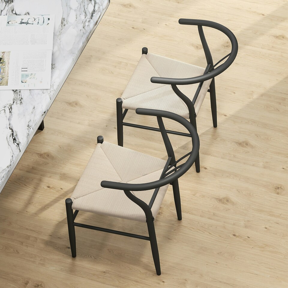 image 1 of HOMCOM Weave Dining Chairs Set of 2 with Y-Shaped Backrest Hemp Seat Black Black