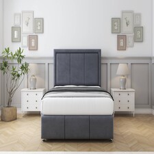 Sloomy Lancaster Steel Plush Divan Bed With Mattress 2 Drawers Left Side With 54" Floor Standing Headboard & 12" Matching Footboard 4'6 Double | Grey | Steel | Double | 1