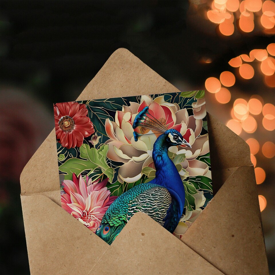 image 1 of Peacock Bird with Flower Pattern Stylised Design Birthday Card