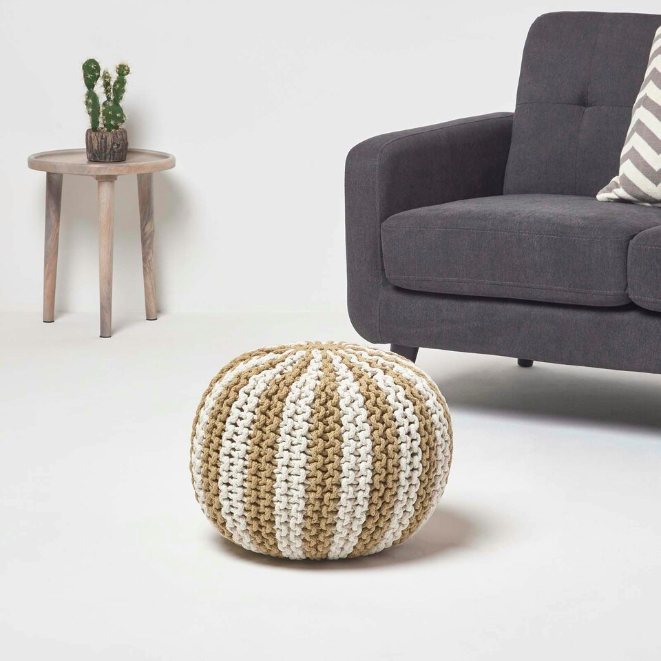 image 1 of Homescapes Off White and Linen Knitted Pouffe Striped Footstool - 35 x 40 cm