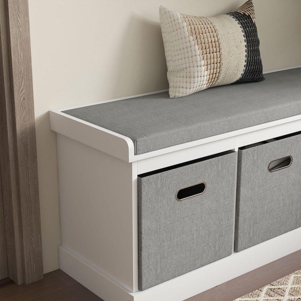 image 1 of HOMCOM Shoe Bench with 3 Fabric Baskets, Shoe Storage Bench with Seat Cushion, Shoe Cabinet for Entryway, Hallway, Living Room, Bedroom, White | White | White