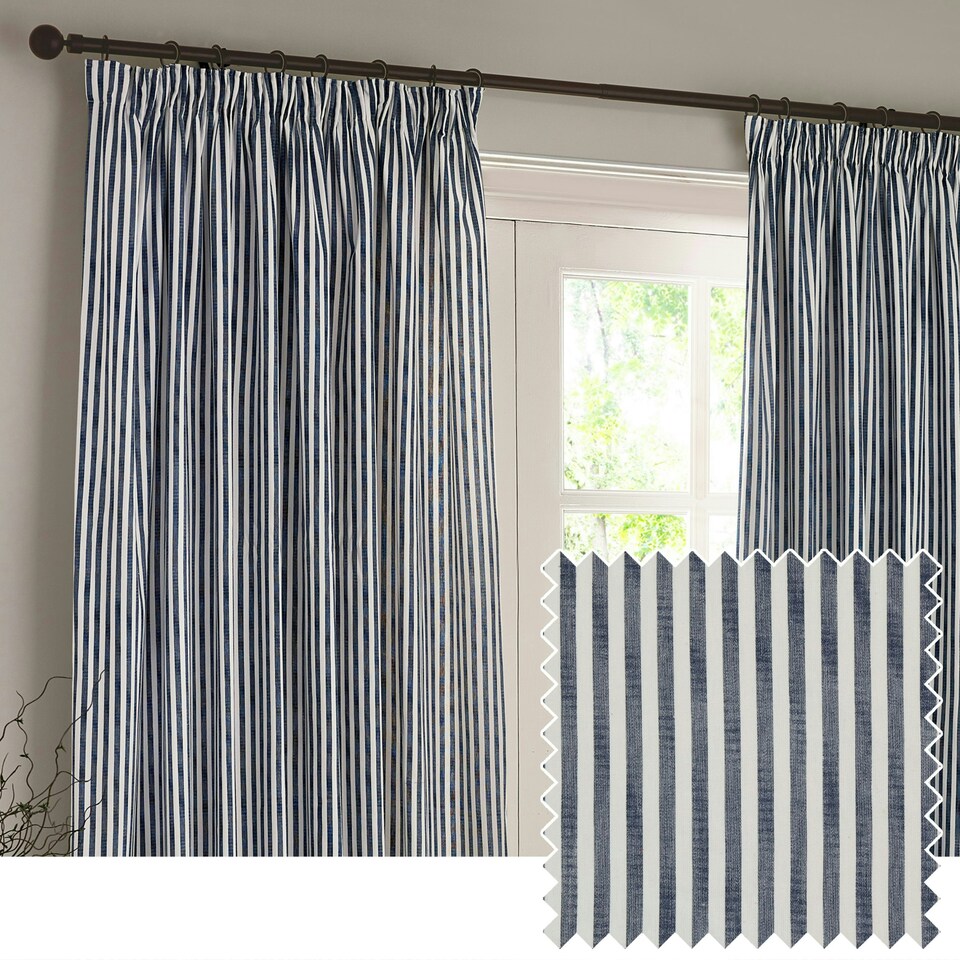 image 1 of Yard Hebden Striped Cotton Navy Pencil Pleat Curtains 117 x 183cm