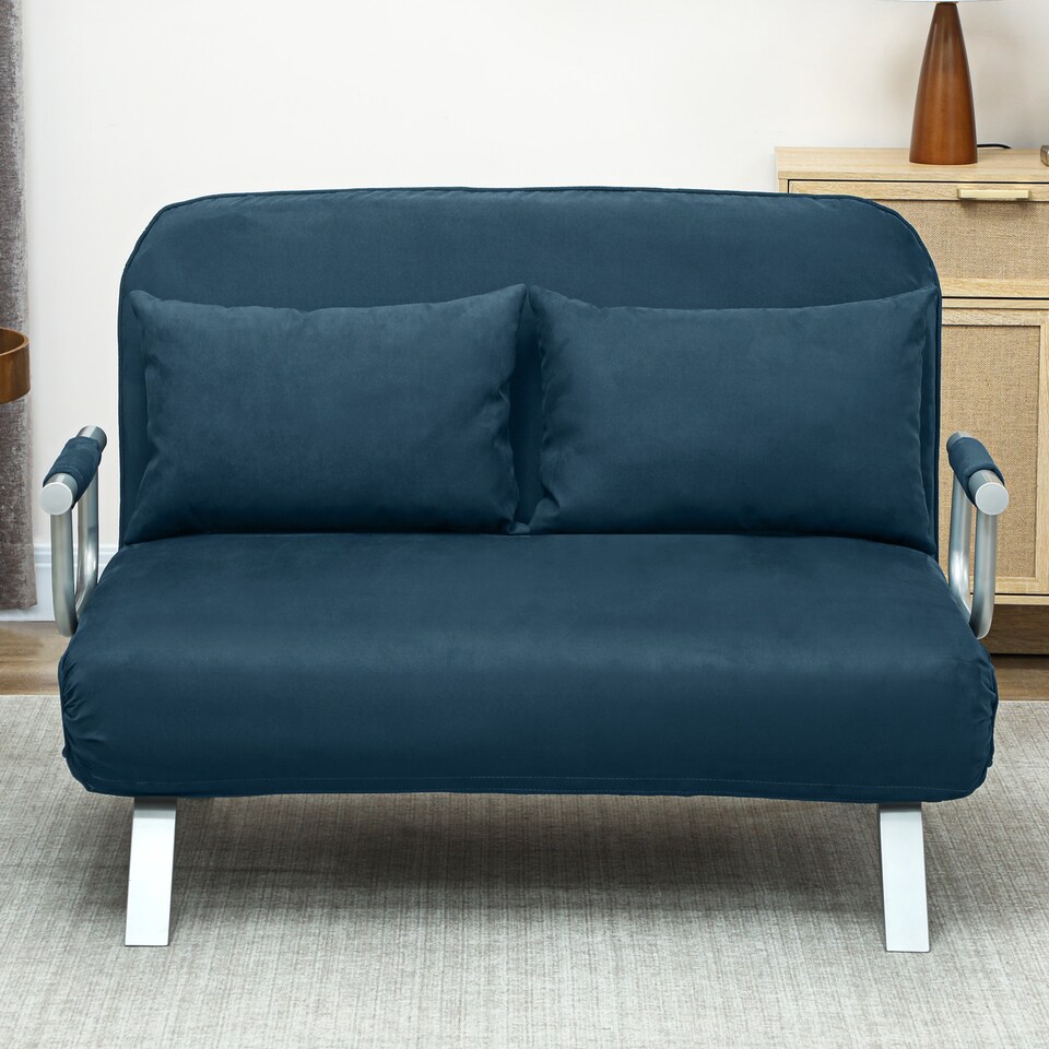 image 1 of HOMCOM Fabric Sofa, Convertible 2 Seater Sofa Bed w/ Pillows, Navy Blue | Blue | Navy blue