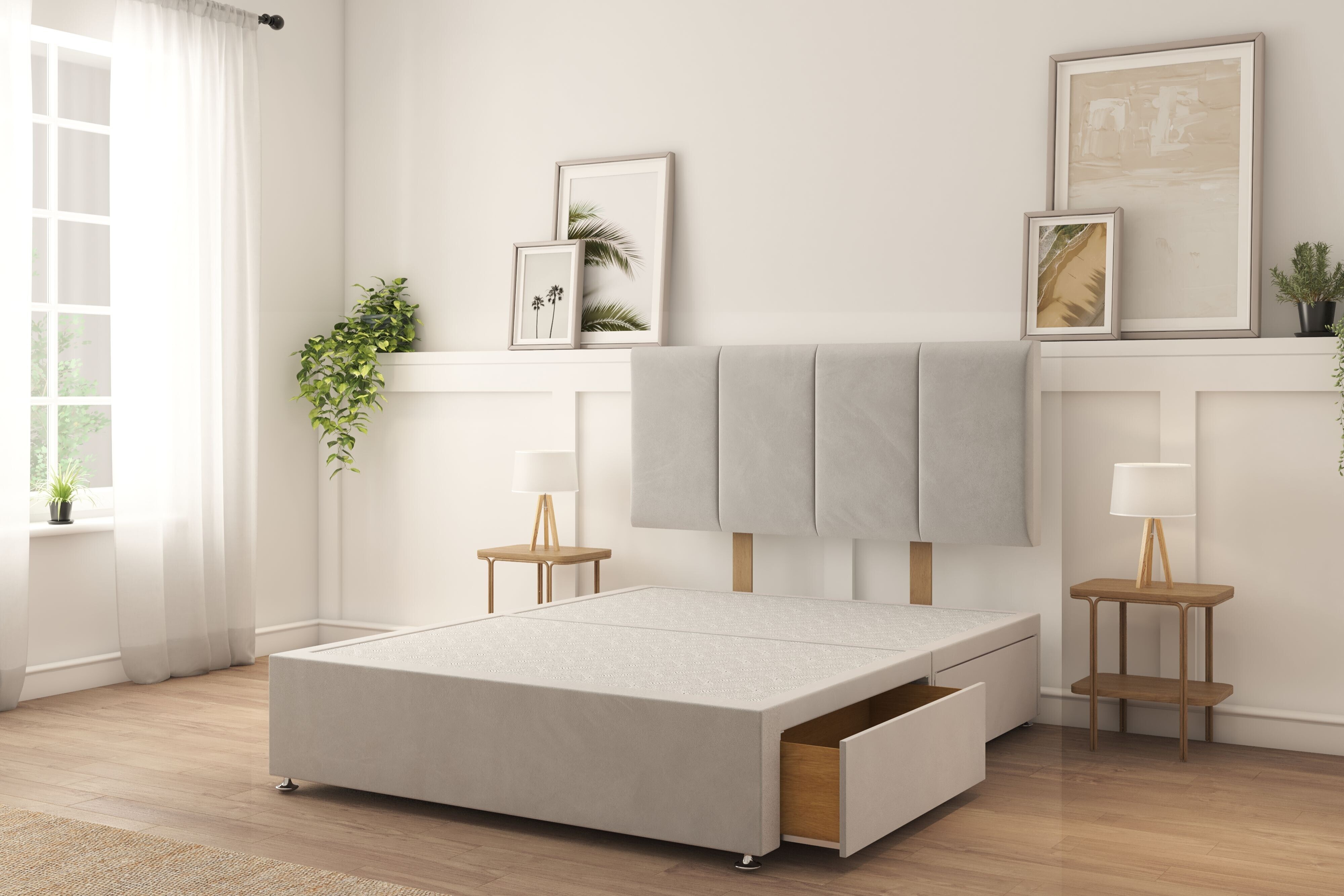 Sloomy Lancaster Silver Plush Divan Bed Base 2 Drawers Foot-End With 26" Strutted Headboard 4'6 Double