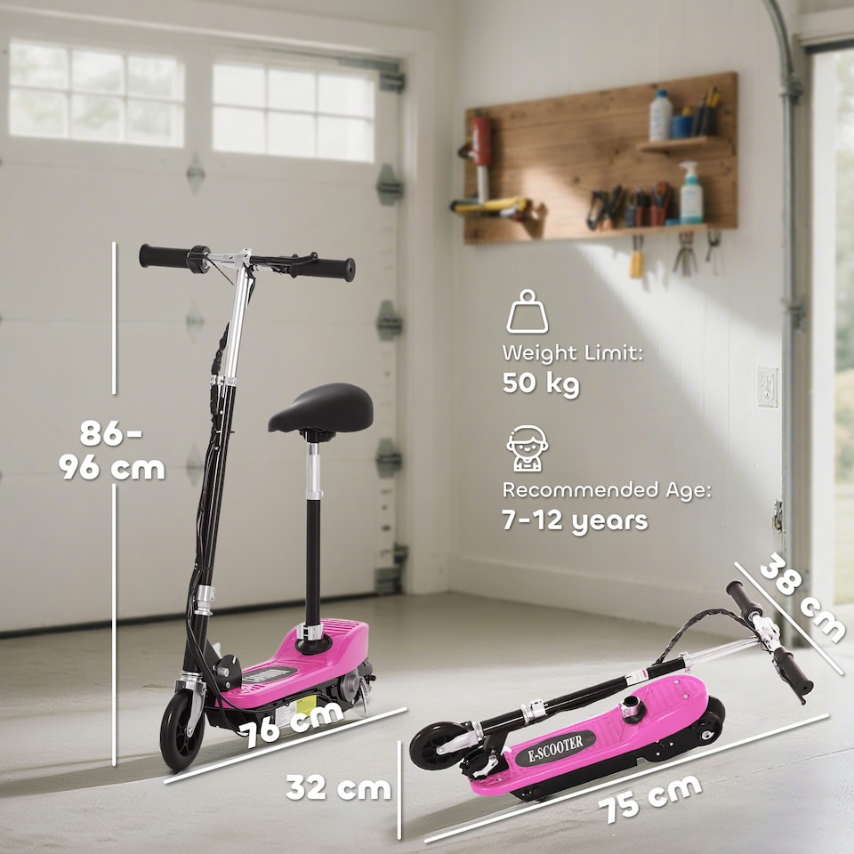 image 1 of HOMCOM Foldable Powered Scooter 120W w Adjustable Seat and Brake | Pink