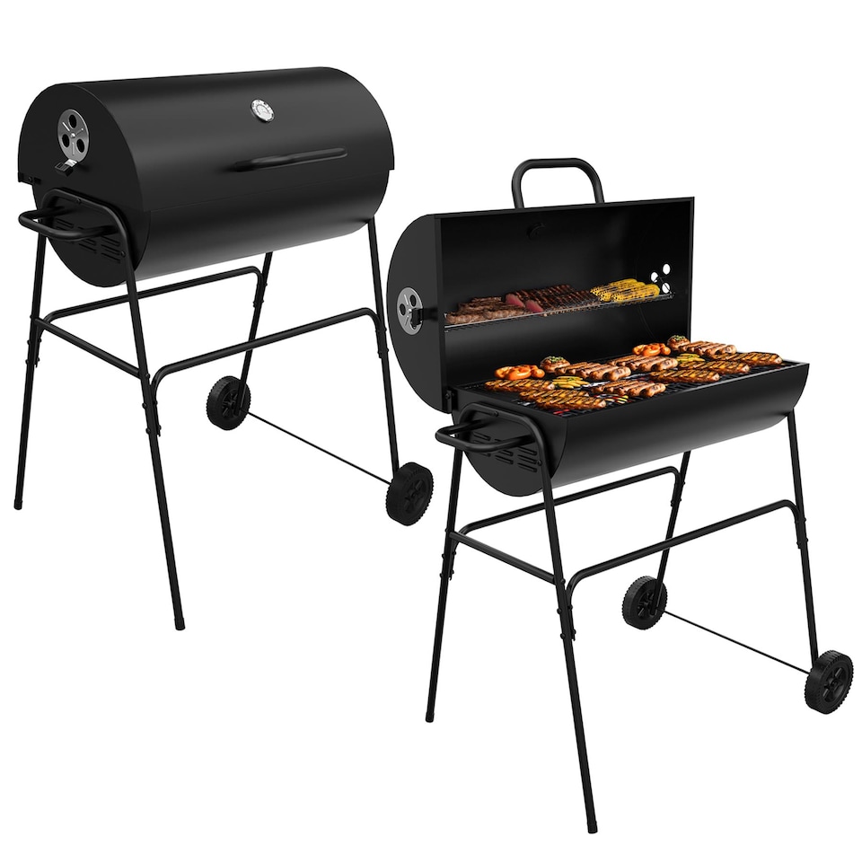 image 1 of House of Home BBQ Barrel Charcoal Grill with Lid Thermometer, Portable Trolley Smoker, Wheels