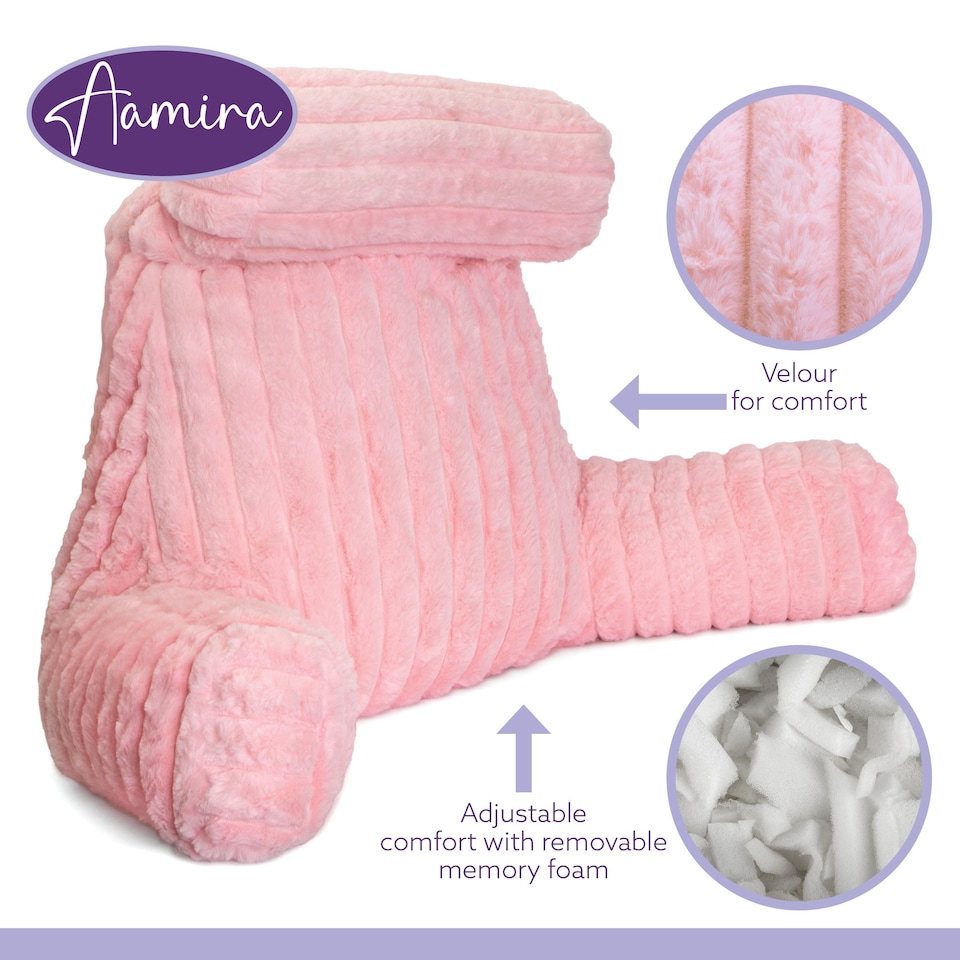 image 1 of Aamira Reading Pillow Pink Faux Fur Ribbed Memory Foam Support Cushion | Pink | Pink | Standard | 1