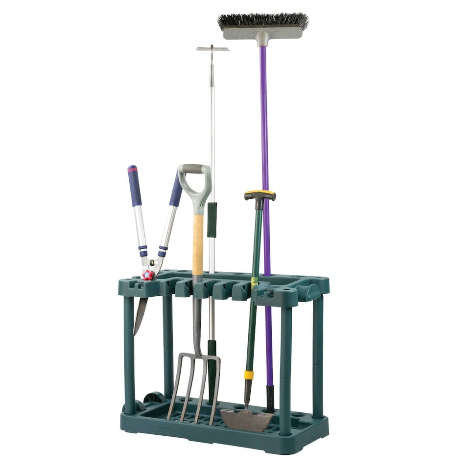 image 1 of KCT Garden Tool Storage with Wheels Rack Organiser for Shed Garage Accessories Spade Holder Tidy Solutions Freestanding Plastic