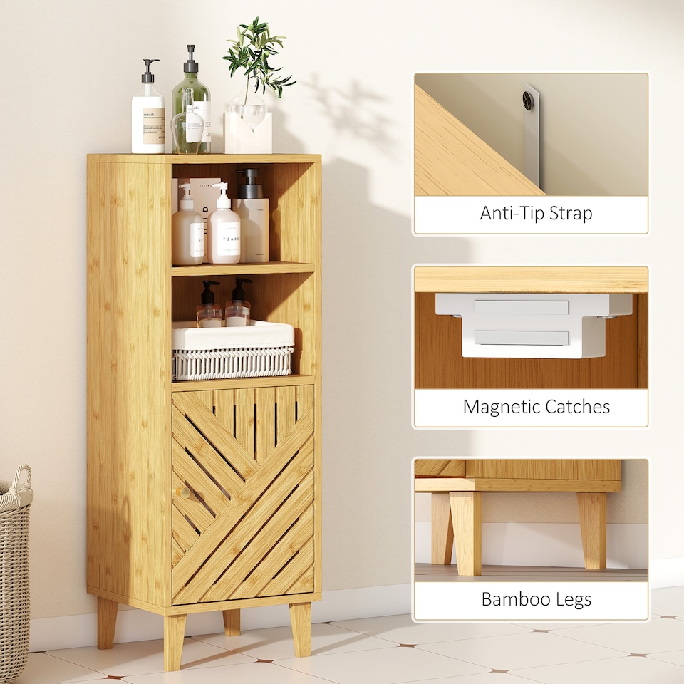 image 1 of HOMCOM Slim Bathroom Cabinet with Bamboo Door and Legs, Narrow Bathroom Storage Cabinet, Freestanding Storage Cupboard with Open Compartments, 32 x 30 x 90 cm, Natural Wood Finish