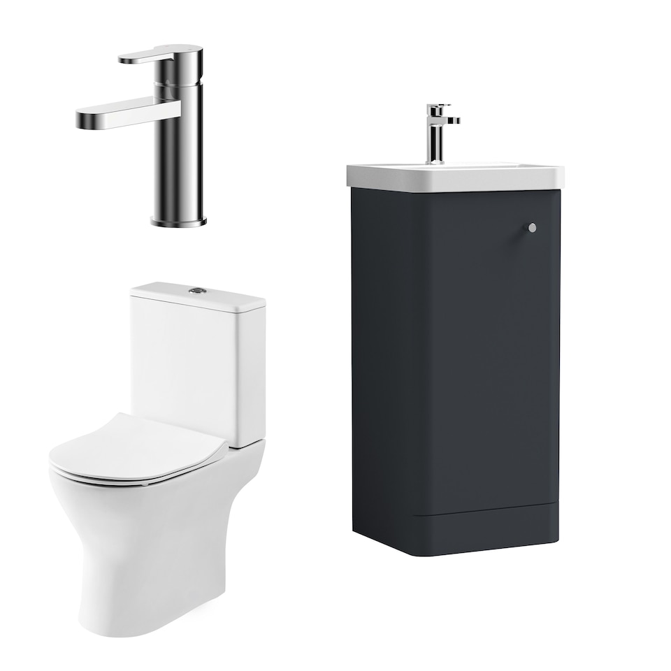 image 1 of Balterley Contemporary Floor Standing 1 Door Bathroom Vanity Unit, Basin, Tap & Toilet Pack | Grey | Satin Soft Black | 814 x 379 x 342mm