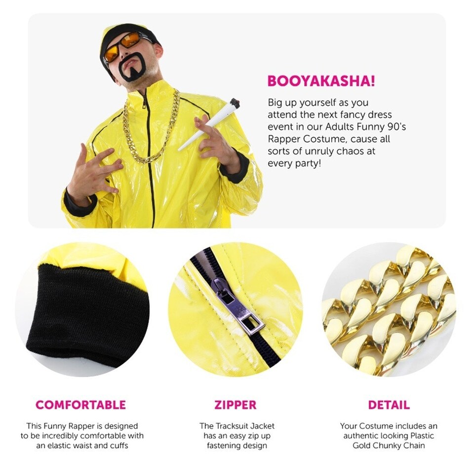 image 1 of 90's Rapper Costume - Hat, Glasses, Goatee, Chain & Spliff Yellow | XL