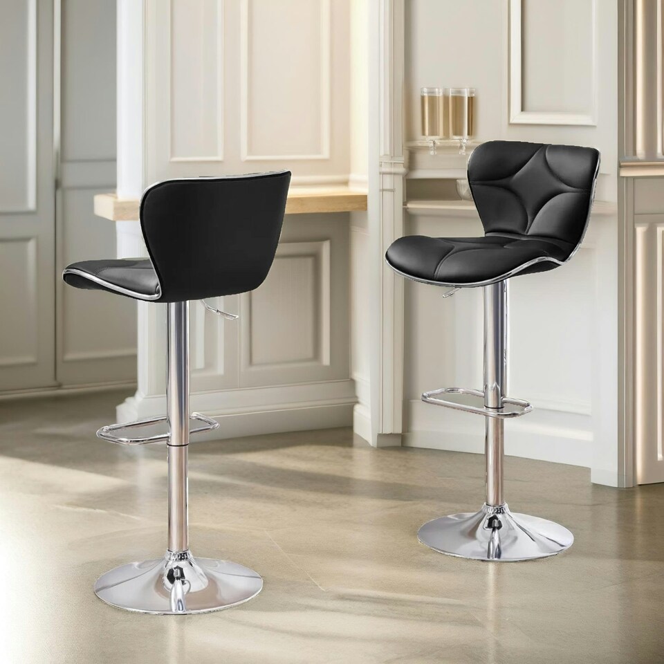 image 1 of Set Of 2 Height Adjustable 360 Swivel Barstools With Shell Backrest Black Black