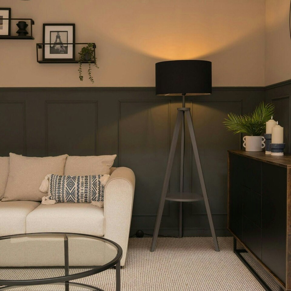 image 1 of ValueLights Morrigan Navy Shade Grey Wood Tripod Floor Lamp & Bulb Blue
