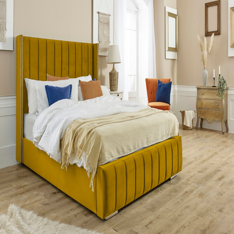 Hemmel Plush Double Bed Frame - Mustard Gold