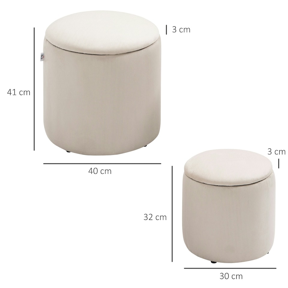 image 1 of HOMCOM Modern Fabric Storage Ottoman with Removable Lid, Set of 2, Cream White