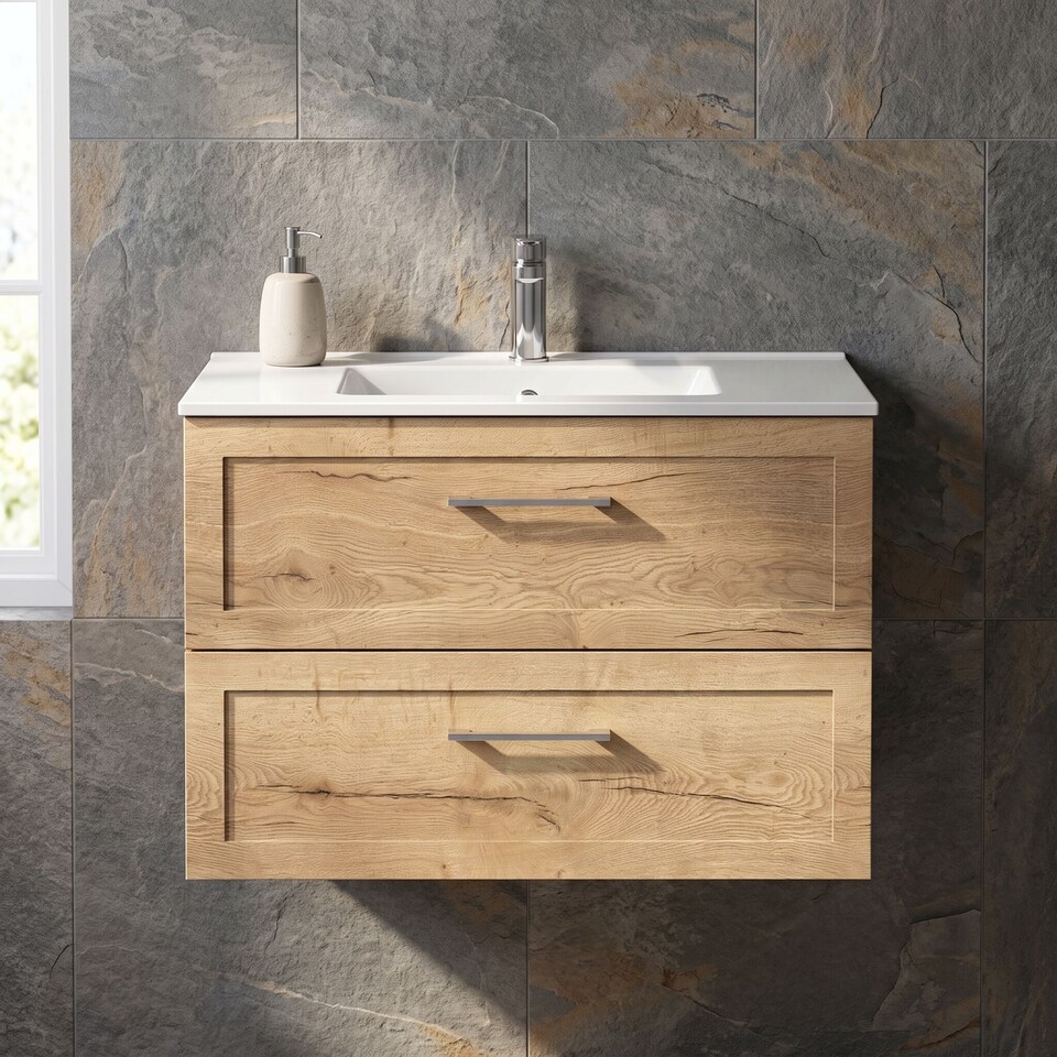 image 1 of Balterley Stonnall Traditional Wall Hung 2 Drawers Vanity Unit with Minimalist Ceramic Basin, 800mm, Autumn Oak