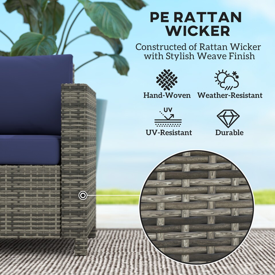 image 1 of Outsunny Rattan Sofa, 2 Seater Garden Furniture with Soft Padded Cushion and Armrests, Wicker Garden Loveseat for Patio, Navy Blue | Blue | Two Seater