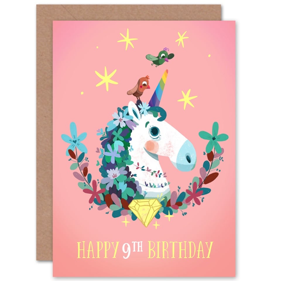 image 1 of Unicorn Flowers Cartoon Age 9 Year Old Child Kids 9th Birthday Card