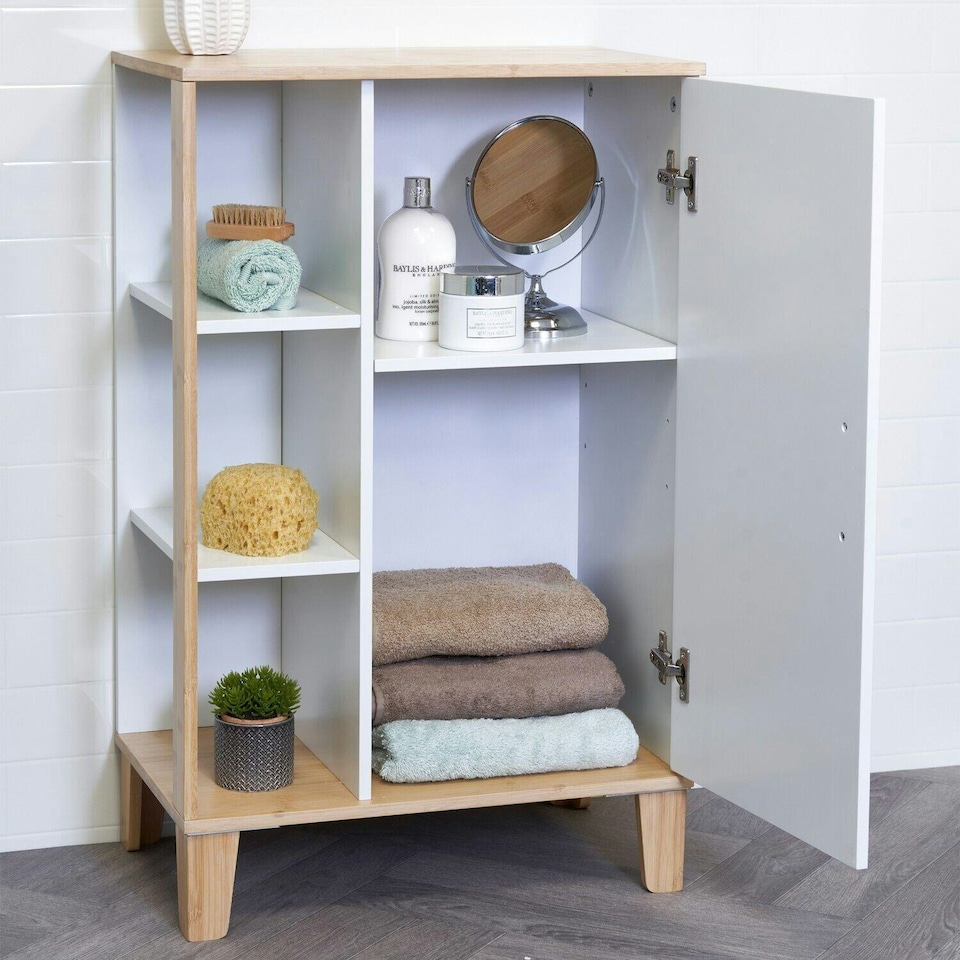 image 1 of Showerdrape Varallo Matt White & Bamboo Floor Bathroom Cabinet with Display Shelves