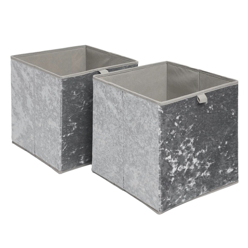 image 1 of OHS 2 Pack Crushed Velvet Folding Storage Cube Boxes, 27x27cm - Grey