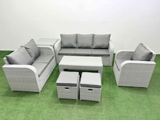 Fimous Patio PE Wicker 8 Seater Outdoor Rattan Furniture Sofa Sets with Oblong Coffee Table Reclining Chair Loveseat Sofa 3 Seater Sofa Stool Side Table Light Grey