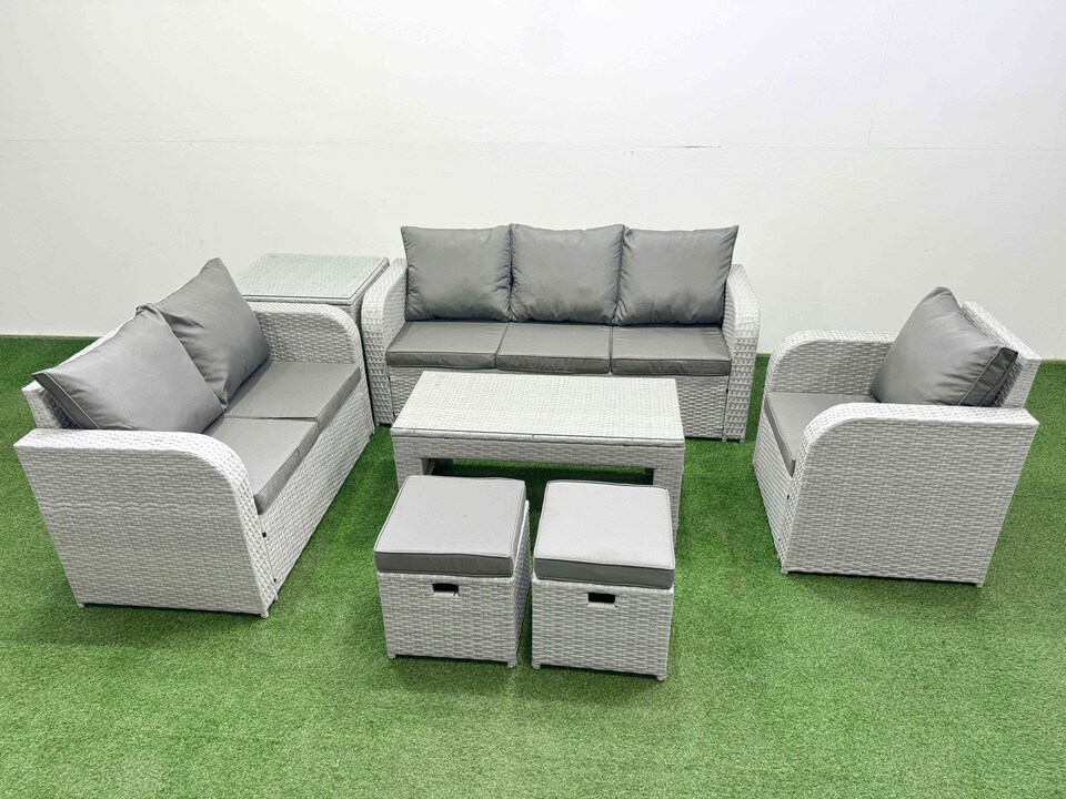 image 1 of Fimous Patio PE Wicker 8 Seater Outdoor Rattan Furniture Sofa Sets with Oblong Coffee Table Reclining Chair Loveseat Sofa 3 Seater Sofa Stool Side Table Light Grey