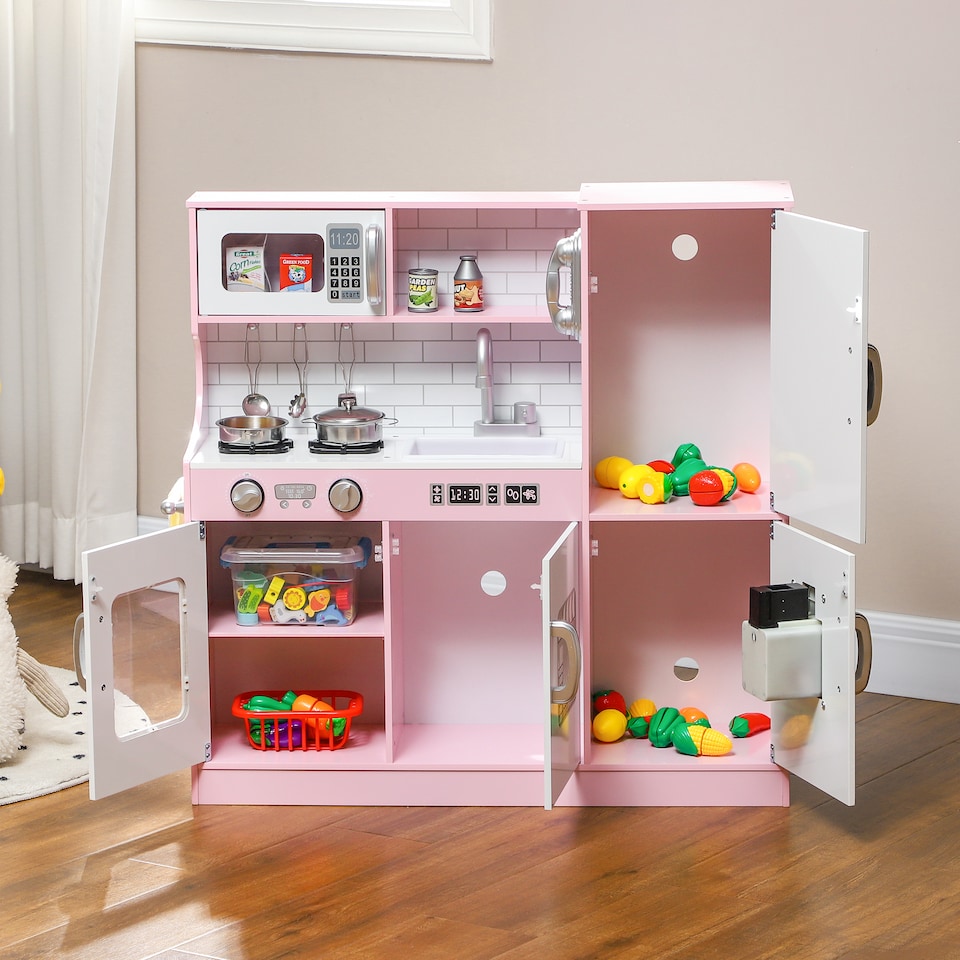 image 1 of AIYAPLAY Play Kitchen, Kids Kitchen Playset Toy with Chalkboard, Toy Phone, Microwave, Ice Maker, Cooking Stoves, Sink, for Boys Girls Ages 3-8 Years, Pink | Pink | Pink