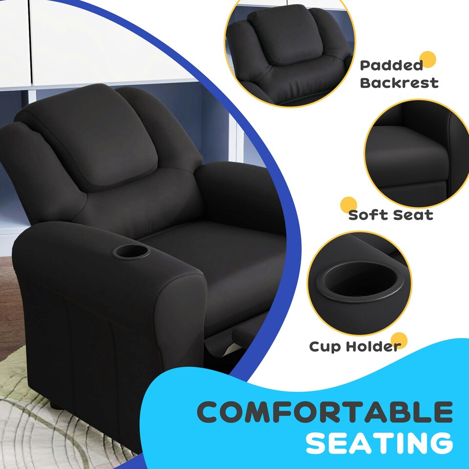 image 1 of HOMCOM Kids Recliner Chair w/ Cup Holder, PU Leather Children Lounger, Black White
