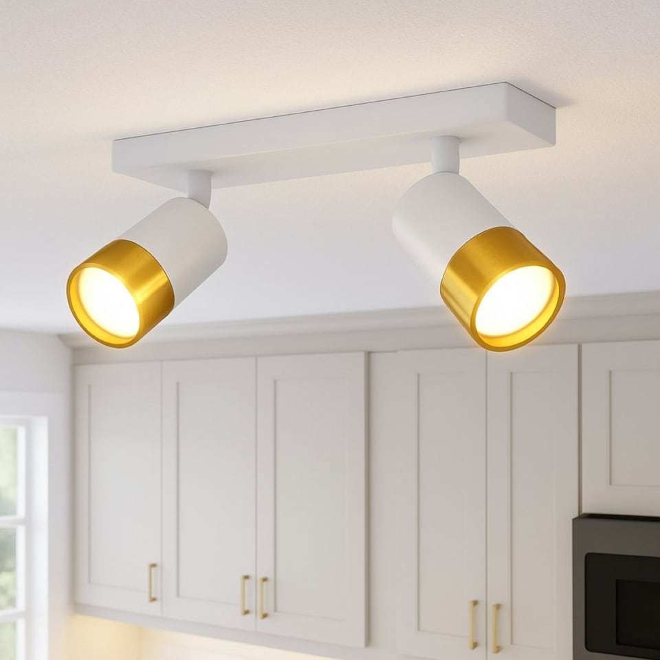 image 1 of CGC PUZON White & Gold GU10 Adjustable Twin Two Head GU10 Ceiling Spotlight Bar Light White