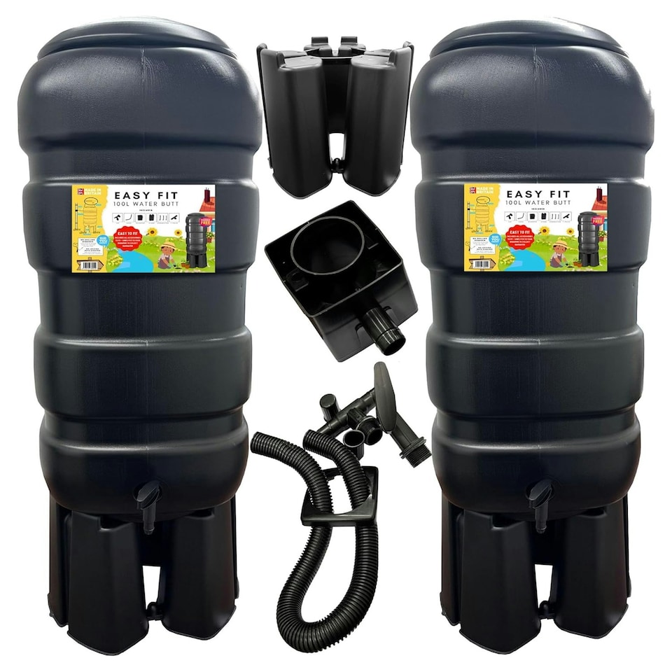 image 1 of 2 x Strong Traditional Black 100L Water Butt Barrels Rain Water Collectors Including Lids, Taps, Stands & Filler Kits