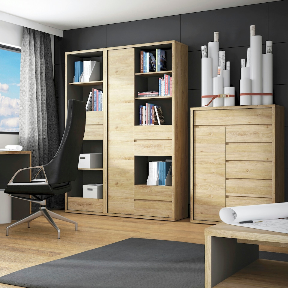 image 1 of Shetland Tall Wide 1 Door 4 Drawer Bookcase