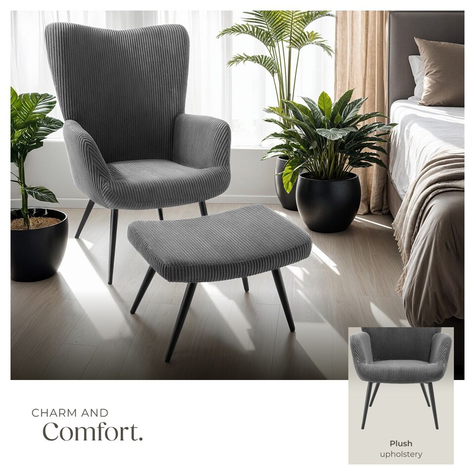 image 1 of Armchair Hygge - padded, armrests and ergonomic backrest, 150 kg load capacity | Grey | Wide cord anthracite/black | One Size | 1