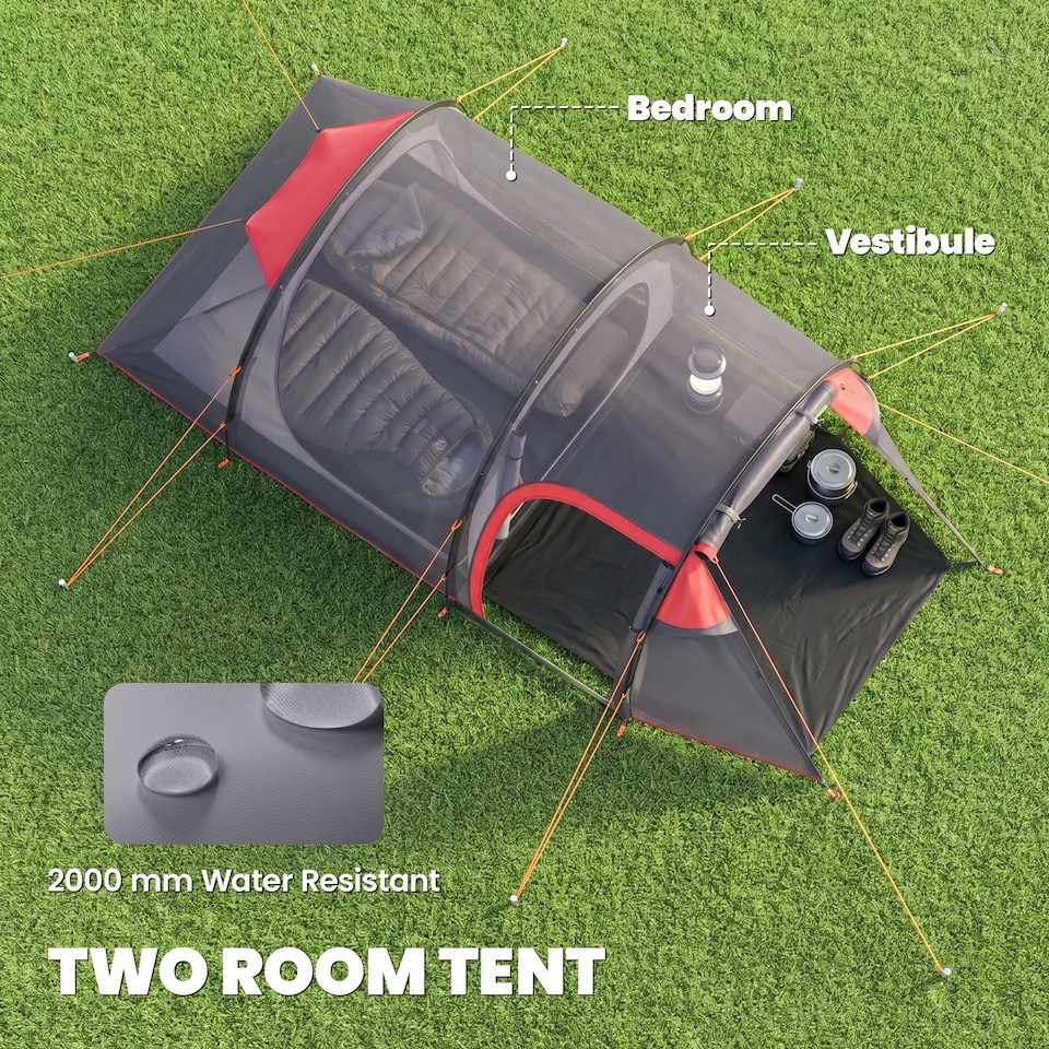 image 1 of Outsunny 2 Man Camping Tent with 2 Rooms Porch Vents Rainfly, Dark Grey