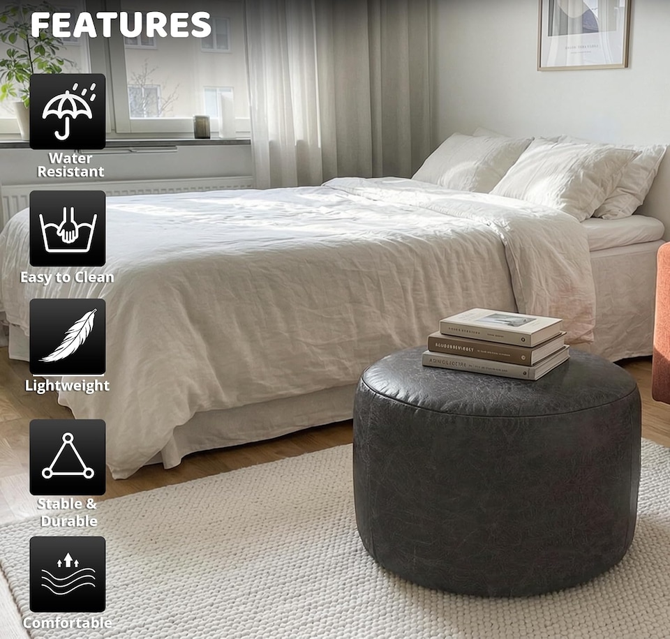 image 1 of Oval Shape PU Leather Footstool Bean Bag (Charcoal,40x30cm)