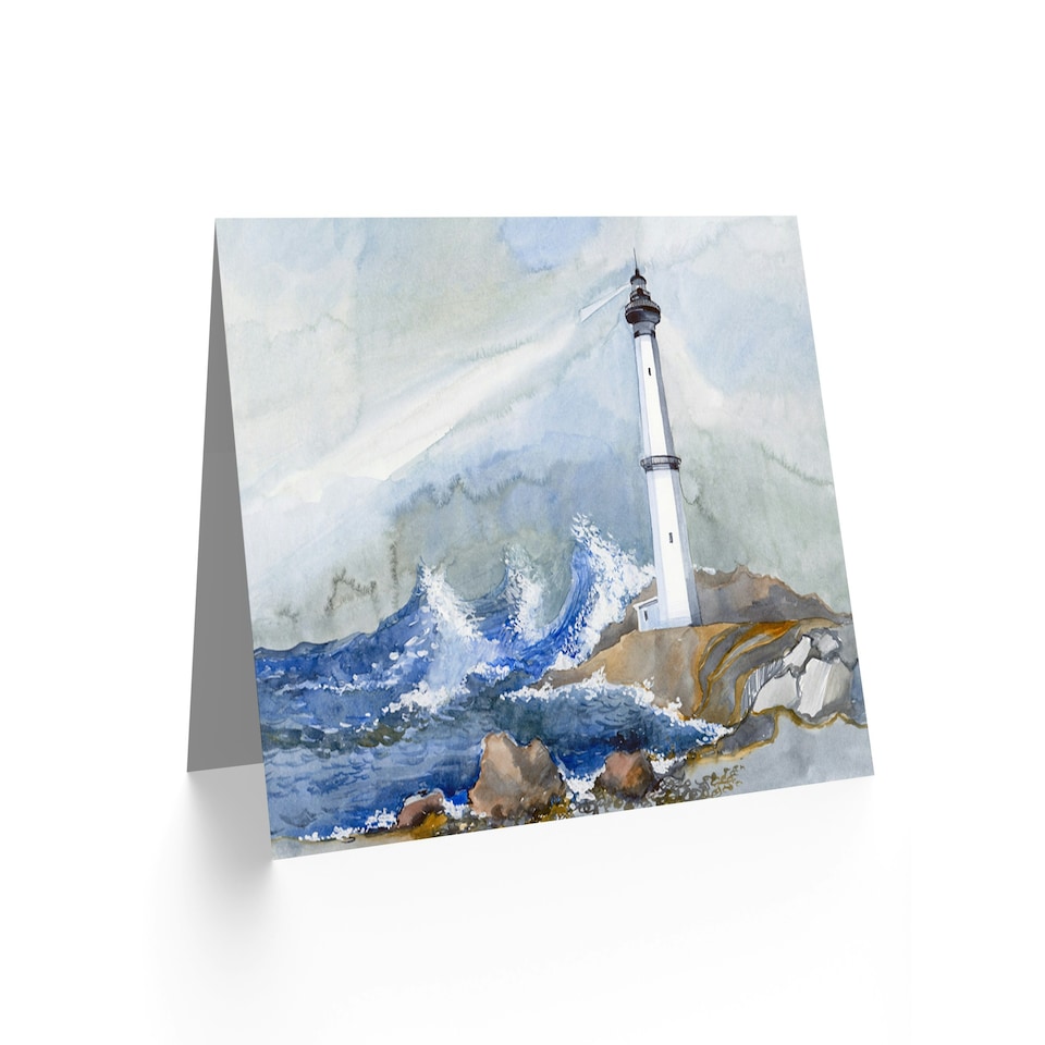 image 1 of Lighthouse Storm Seascape Nautical Watercolour Painting Greeting Card