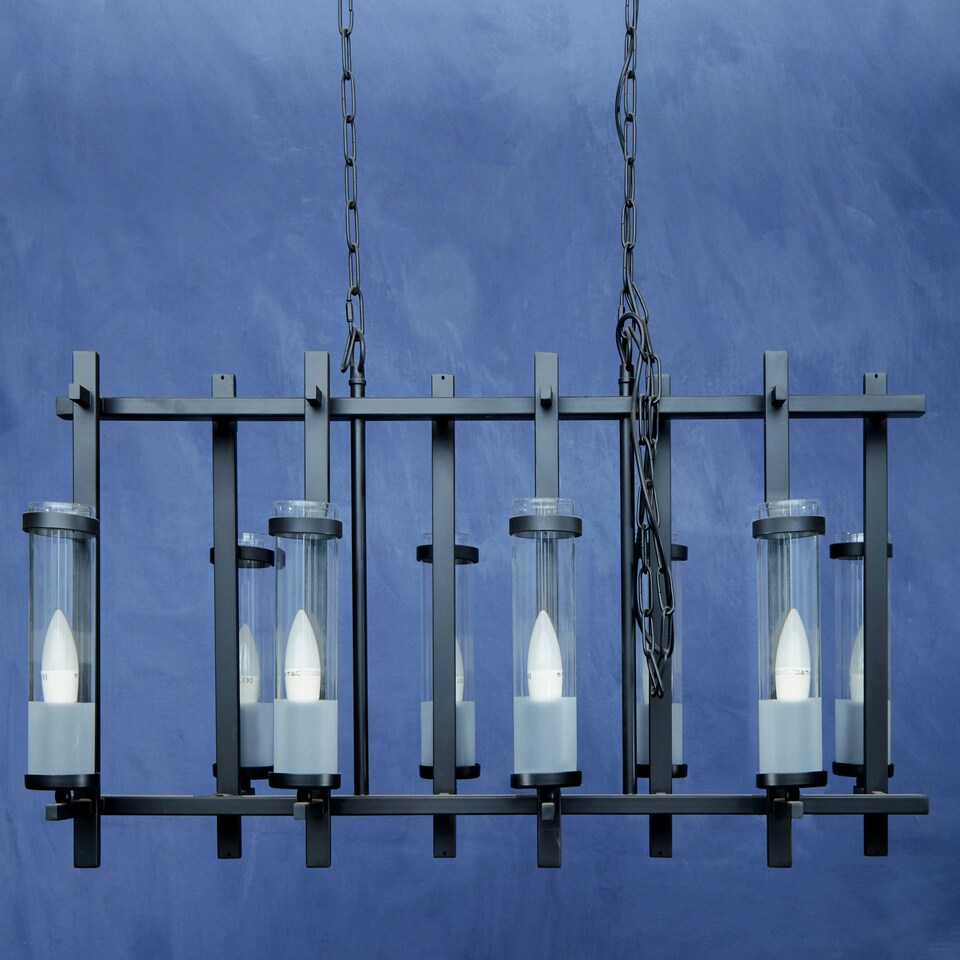 image 1 of Interiors by Premier Iron and Glass Wide Pendant Light, 8 Glass Bulbs with Industrial Black Iron Frame, Statement Ceiling Light