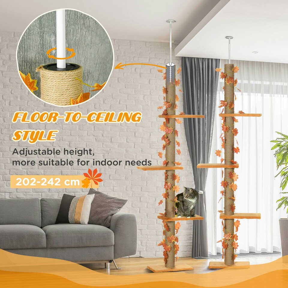 image 1 of PawHut 242cm Floor to Ceiling Cat Tree with Leaves, Scratching Post, Orange