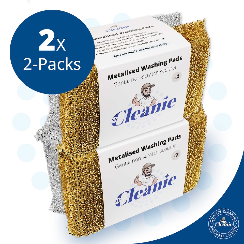 image 1 of Mr Cleanie Metalised Washing Up Non-Scratch Scourer Pads Cleaning Kitchen Bathroom 2-Packs x 2, You buying 4 pads.