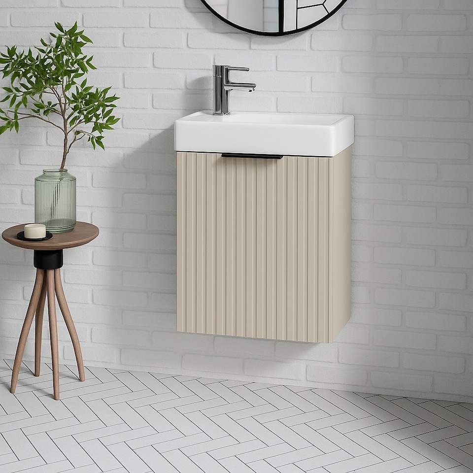 image 1 of Bathroom Vanity Unit 400mm Beige Wall Sink Cabinet Cloakroom Basin Slimline Fluted Cashmere Modern Small Unit with Sink Adel