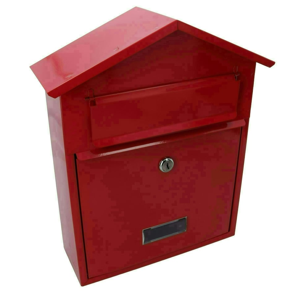 image 1 of Letter Post Mail Box Metal Red Wall Door Gate Fence Garden House Lockable Red